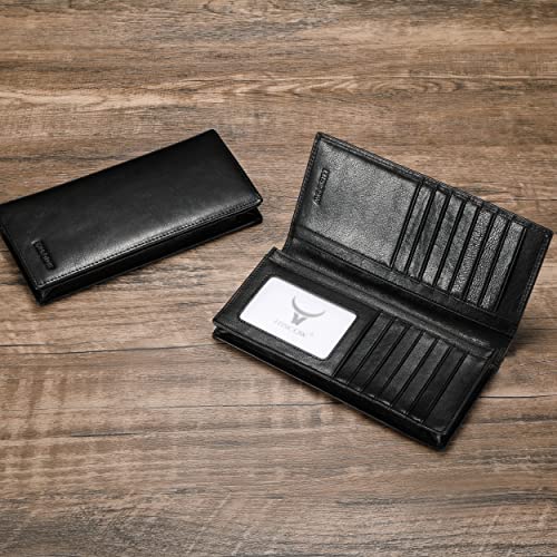 Image of HISCOW Full Grain Leather Men's Long Wallet, 15 Card Slots, Black Vegetable-Tanned Leather, One Size, Classic | Gusseted bill compartment, tall bifold design, clear ID window, ideal for coat pockets or briefcases, turned-edge, gift box