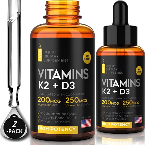 (2 Pack) Liquid Vitamin D3 with K2 - Vitamin D3 Drops 10000 IU + Sublingual Vitamin k2 Liquid with Coconut Oil | Supports Your Bones & Heart and Boost Your Immune System | Organic Vitamin D K2 Liquid
