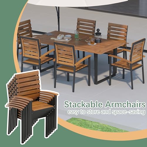 WiberWi 7 Piece Outdoor Dining Set for 6, Acacia Wood 59.1\" Patio Table and Chairs Set with Metal Frame, Patio Dining Furniture Set for Garden, Balcony, Backyard, Poolside, Brown & Black