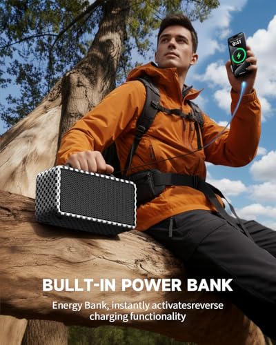 Image of DINDIN Portable Bluetooth Speaker: 80W (Peak), 20H Playtime, Loud Wireless Wood Speakers with Bass, AUX and USB Input, Subwoofer, TWS Pairing, Vintage Speaker for Outdoor, Home, Office (White+Black)