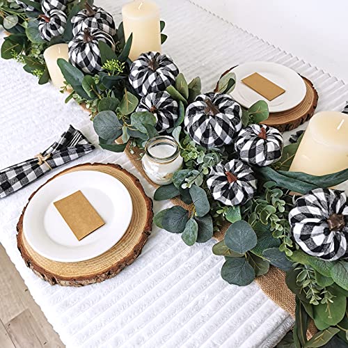 Set of 12 Small Faux Harvest Decorative Fabric Pumpkins Foam Pumpkins in Black & White Buffalo Check for Farmhouse Rustic Fall Thanksgiving Halloween Table Centerpiece Mantel Kitchen Decor - Thumbnail 3