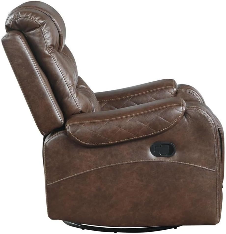 Pemberly Row Traditional Microfiber Recliner Swivel Glider Chair, 40.5" H x 39.75" W x 37.5" D, Polished Brown Finish, Nail Head Trim, High-Density Foam Seating, Living Room or Lounge Use