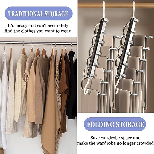MOYKSRR 6 in 1 Hosenbügel, 2 Stück rutschfeste Magische Hosenbügel, Hosen Kleiderbügel aus Edelstahl Ausziehbar, Kleiderbügel Platzsparend für Hosen, Schals, Jeans, Kleidung, Handtücher - Schwarz