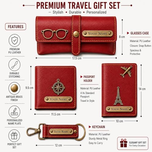 Image of Customized Wallet Combo Gift Set for Men | Faux Leather Wallet, Passport Cover & Keychain with Name & Charm | Personalized Gift for Birthday, Rakhi & Anniversary (Red wkps)