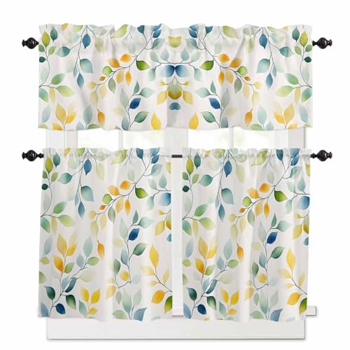 Spring Leaves Kitchen Curtains 24 Inch Length,3 Piece Rod Pocket Small Half Tiers and Valance Set,Colorful Botanical Eucalyptus Vines Plants Small Large Window Treatment Decor for Bedroom/Bathroom