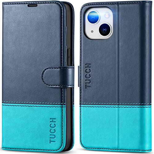 Etui pour iPhone 14 TUCCH en cuir bleu avec blocage RFID