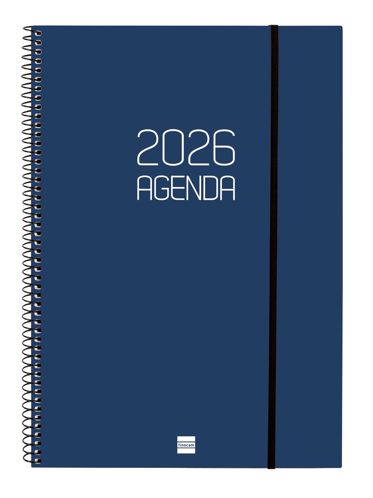 Finocam - Spiral Agenda 2026 Week to View Vertical | January - December (12 months) | A4 Yearly Planner 2026 with Rubber | Polypropylene Spiral Cover Opaque - Blue - Catalan