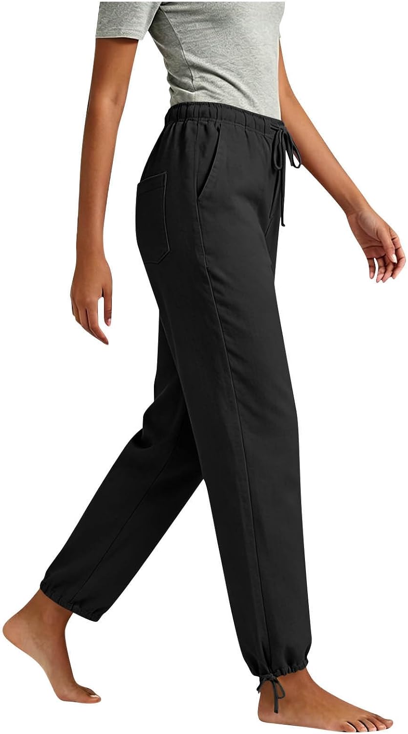 Womens Cotton Linen Pants Lightweight Drawstring Elastic Waist Pant Casual Straight Leg Lounge Trousers with Pockets