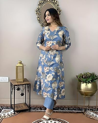 Image of GoSriKi Women's Cotton Blend Printed Kurta with Pant