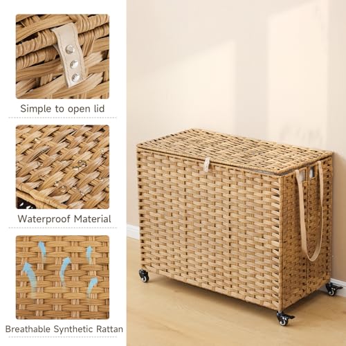 Laundry Hamper with Wheels, 52.8 Gallon(200L) Rolling Laundry Basket with Lid, Removable Large 3 Color Liners & 3 Mesh Laundry Bags, Clothes Hamper with Side Pocket, Natural by Hiagnete - Used condition - Image 7