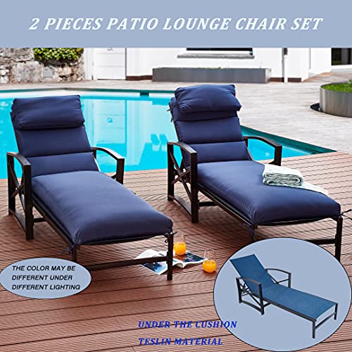 Lokatse Home 2 Piece Patio Chaise Lounge Chair Outdoor Furniture Set All Weather Metal Adjustable Backrest And Armchair With Removable Comfy Cushions, Blue #TOP4