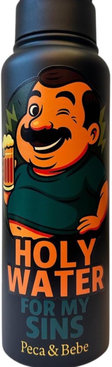 Peca & Bebe 40oz Insulated Stainless Steel Water Bottle – Funny Holy Water for My Sins/Agua Bendita Pa’ Mis Pecados – Leak Proof Straw Lid – Funny Gift for Him, Beer Lover