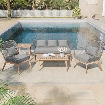 Kullavik Outdoor Patio Furniture Set,5 Pieces Indoor Rope Woven Sectional Sofa Set Modern Oak Patio Conversation Sets with Wooden Table for Balcony,Porch or Backyard,Grey
