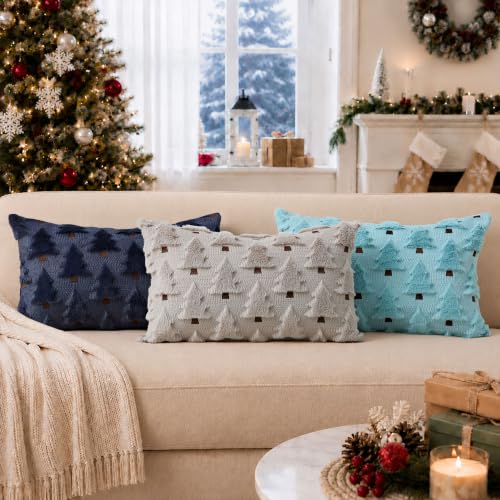 Image of Allorry Christmas Pillow Covers 12x20 inch Set of 2 Grey Christmas Decorations Soft Plush Faux Fur Wool Christmas Tree Throw Pillow Cases Winter Holiday Decor for Sofa Living Room PT002I12