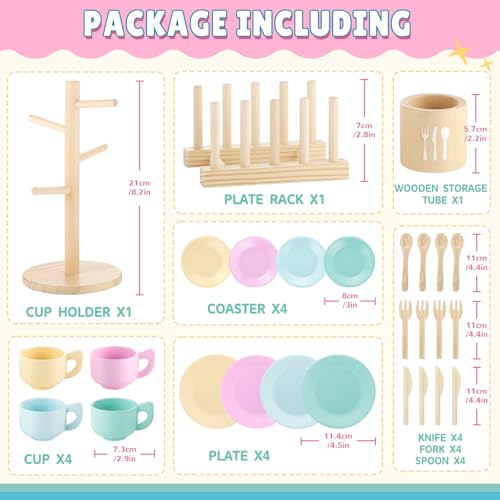 Image of GAGAKU Kids Wooden Play Dishes Set -27Pcs Montessori Play Kitchen Accessories Plates and Bowls Set, Storage Stand & Play Food, Pretend Cooking Toys for Ages 3-5, Educational Gift for Toddler