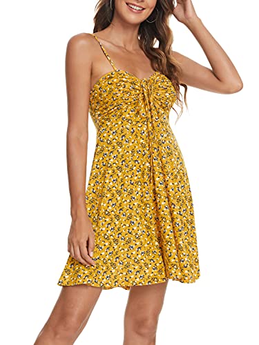 Image of Missufe Spaghetti Strap Floral Mini Dress Women's Casual Ruched Front Drawstring Swing Sundress