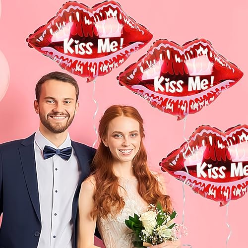 Image of Valentine Day Balloons Kiss Me Balloons Red Lips Shape Foil Balloons Valentine's Day Aluminum Balloons Set for Party Decorations Anniversary Wedding Supplies 3PCS
