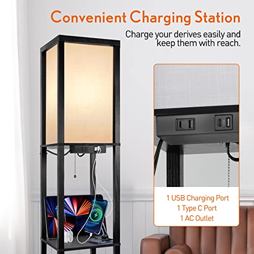Outon Floor Lamp With Shelves, Led Column Modern Floor Lamp With Usb Port & Power Outlet, Tripod Floor Lamp With Shelves With 3 Color Temperatures, Memory Function For Living Room, Bedroom, Office #TOP7