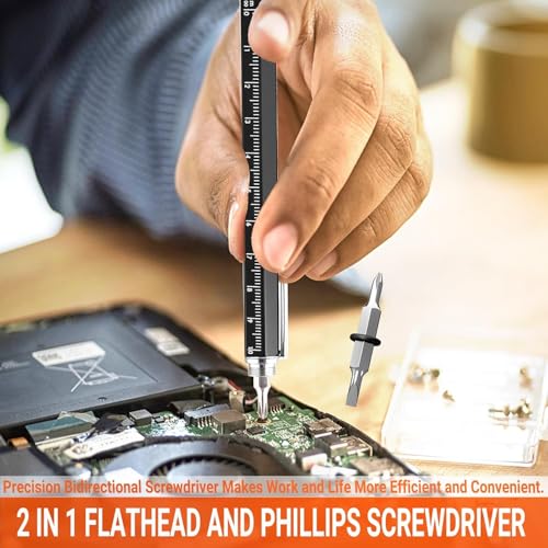 Image of Multifunction 6 in 1 Tool with Ballpoint Pen, Touch Screen Stylus, Ruler, Spirit Level, Flat-head Screwdriver, All-in-One Tech-Tool Gadgets for Mens Gifts, Aluminium