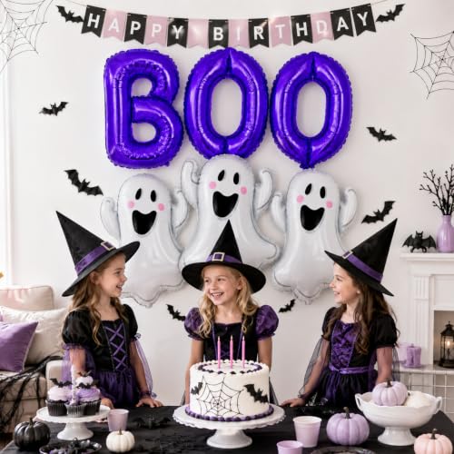 Image of Halloween Foil Balloons Purple Halloween Balloons Ghost Balloon BOO | Purple Spooky Balloon BOO Balloon Letters 3D Bat Stickers for Girl Night Cute Spooky One Birthday Baby Shower Party Decor