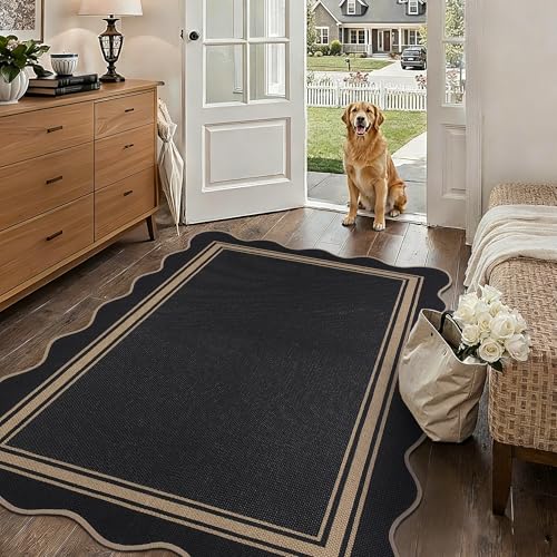 Image of Scalloped Easy Jute 3x5 Outdoor Rug Washable Non Slip Rug for Entryway Indoor Outdoor Farmhouse Neutral Scalloped Carpet for Backyard Patio Proch Living Room