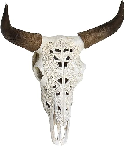 Miniatura 2 de OTARTU Escultura para colgar en la pared, diseño tribal blanco, calavera de cuerno de vaca de 19 pulgadas, decoración de pared (blanco)