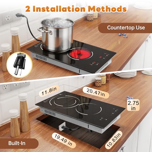 Image of 2 Burners Electric Cooktop, 110V Plug in Ceramic Cooktop, 12 Inch Countertop & Built-in Electric Stove Top with Dual-Ring Design, 9-Level Adjustment, Child Safety Lock, Timer, Overheat Protection
