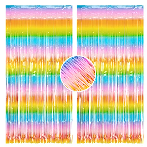 2 Stück Lametta Vorhang Regenbogen Party Deko - BRAVESHINE 1x 2.5 m Metallisch Folie Fransen Vorhang Bunte Party Lametta Hintergrund für Weihnachten Geburtstag Abschlussball Urlaub Deko