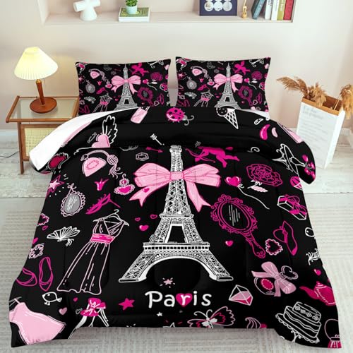 llyxsesty Eiffel Tower Comforter Set Queen Size,Eiffel Tower Bedding Set for Girls, Pink and Black Paris Themed Comforter Bedroom Decor,Paris Quilt French Style Romantic Bedding