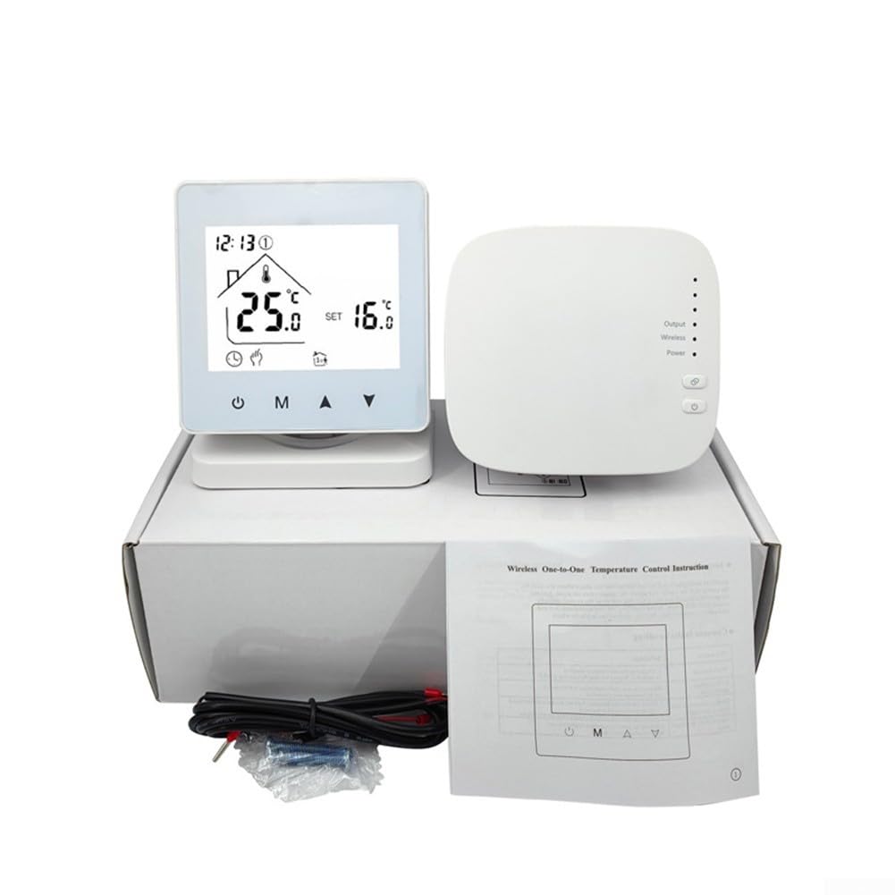 Termostato de calefacción de suelo RF433 no programable con rango ajustable de 5 a 95 °C, control de precisión de 0,5 °C, modos temporales automáticos manuales flexibles, bloqueo infantil activado por