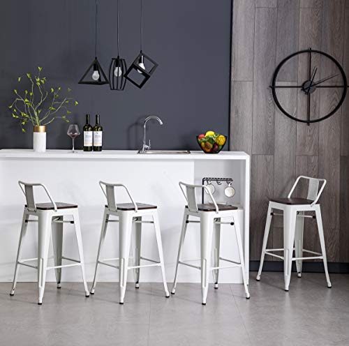 Haobo Home Modern Industrial Metal Bar Stool Counter Height Stools [Set Of 4] Stackable Dining Chair (24", Low Back White Wooden Seat) #TOP4