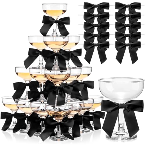 Zopeal 50 Set Champagne Tower Champagne Coupe Cocktail Glasses 5 oz with Satin Bows 3.5 Inch Plastic Margarita Espresso Martini Glasses for Valentine's Birthday Party (Black Bow) by Zopeal - Used condition - US$31.57