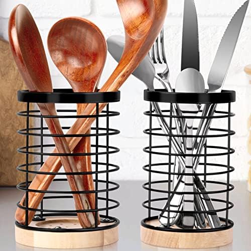 Owkjar 2 PACK Utensil Holder, Kitchen Utensil Organizer for Countertop with Wooden Base, Cooking Utensil Holder, Spoon Holder, Drainage Outlet
