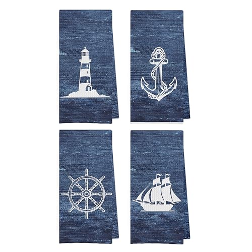 Geqtt Navy Nautical Dish Towels Set - Navy Nautical Waffle Weave Kitchen Towels, Navy Blue Ocean Themed Hand Tea Towels, Coastal Bathroom Decor (16×24 Inches Set of 4)