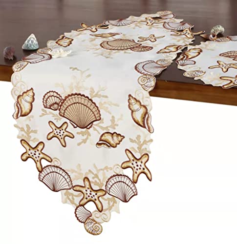 Granddeco Summer Table Runner 13"×34" Embroidered Cutwork Beach Seashell Table Topper For Home Kitchen Dining Summer Holiday Tabletop Decoration (Runner 13"×34", Brown) #TOP2