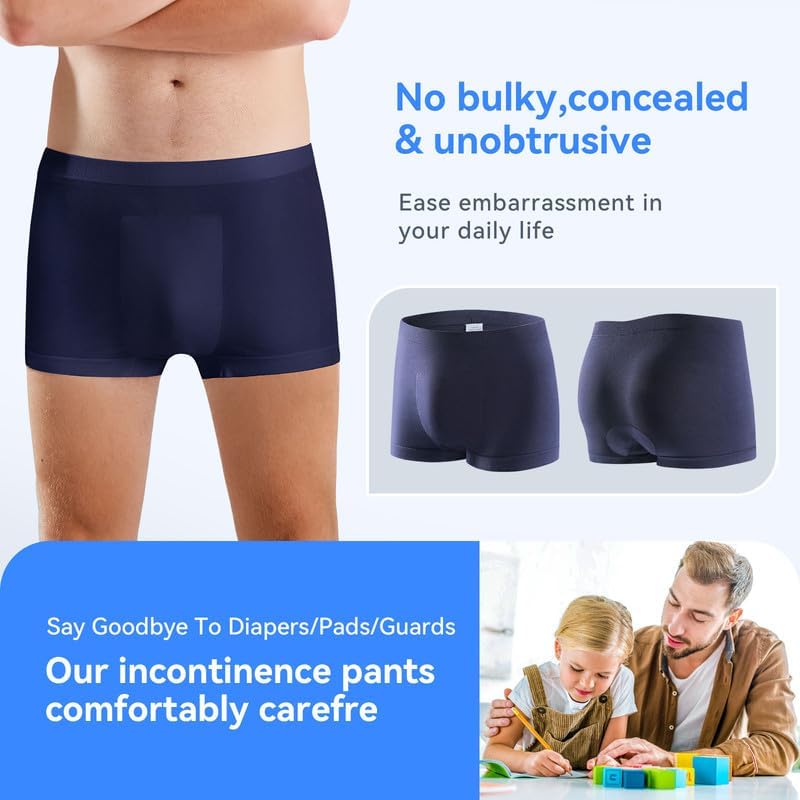 Incontinence Underwear for Men Washable Mens Incontinence Underwear Reusable Modal Seamless Mens Urinary Incontinence Boxer Briefs Underwear with Front Absorbent Area, 3 Pack (Blue, Large) - Image 4