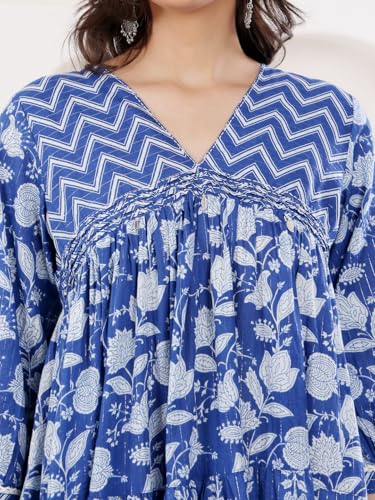 Image of SAVI Blue Cotton Lurex A Line Detailed Dress