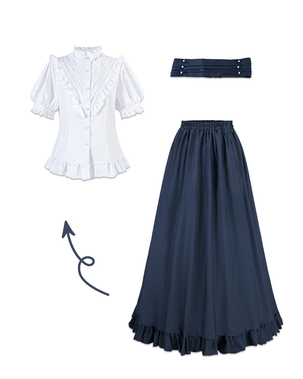 CR ROLECOS Women Victorian Dress Medieval Vintage Costume Ball Gown Dress Short Sleeves Victorian Blouse Renaissance Falda 2-Pieces Set S Navy Blue - Image 4