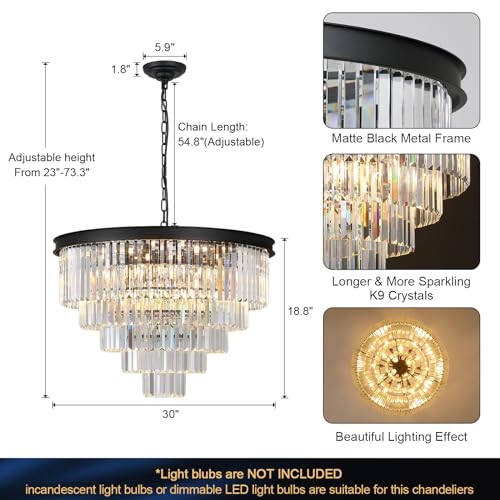 Image of Large Crystal Chandelier Modern Black 30 inch Round Light Fixture Staircase
