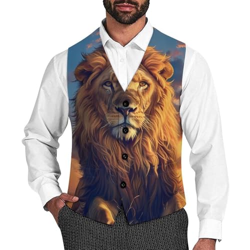 Adult Male Lion Sunset Novelty Men's Suit Vest Funny Formal Dress Vests Business Waistcoat