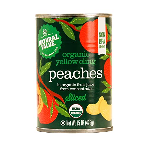 Natural Value Organic Yellow Cling Sliced Peaches, 15 Oz (Pack Of 4) Product Of Usa, Gluten Free, Vegan, Gmo Free, Non Bpa Lining, In Organic Fruit Juice From Concentrate #TOP3
