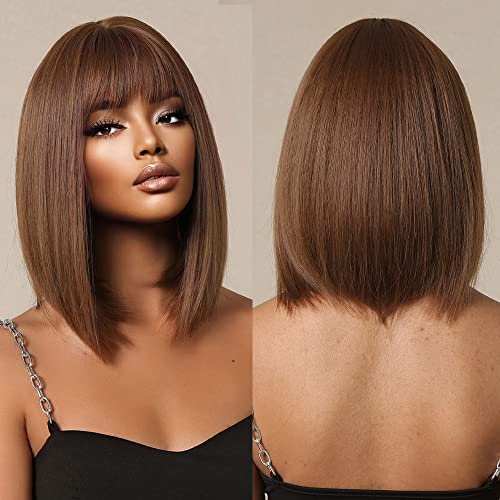 Testar Short Straight Bob Wig With Thick Bangs Chocolate Brown Wigs For Women Shoulder Length Heat Resistant Fiber Synthetic Hair Wigs Hair Replacement Natural Looking #TOP9