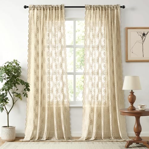 Image of MIULEE Vintage Lace Curtains 96 Inches Long 2 Panels, Victorian Decorative Floral Scalloped Semi Sheer Curtains Light Filtering Rod Pocket Panels Decor for Bedroom Living Room, 52 inch W x 96 inch L, Beige