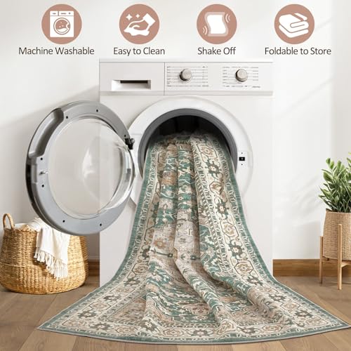 7x9 Area Rug Living Room: Machine Washable Boho Large Vintage Soft Rugs Stain Resistant Farmhouse Oriental Non Slip Indoor Floor Carpet for Bedroom Nursery Kids Playroom Office Dining Room- Green