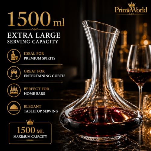 Image of PrimeWorld European 1500 ml Open Crystal Clear Glass Decanter Set of 1 Pcs - Perfect for Whiskey, Scotch, Wine, Vodka, Tequila, Rum etc