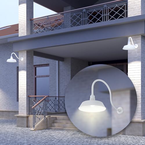 Image of 14in. White Outdoor Gooseneck Barn Light Fixture With 24in. Long Extension Arm - Wall Sconce Farmhouse, Vintage, Antique Style - UL Listed - 9W 900lm A19 LED Bulb (5000K Cool White)