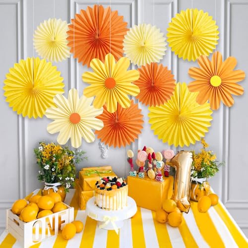 Image of 11PCS Paper Flowers Decorations for Wall Daisy Paper Fans Classroom Decoration Paper Orange Backdrop Decor Hanging Paper Fans for Birthday Baby Shower Indoor Spring Deco