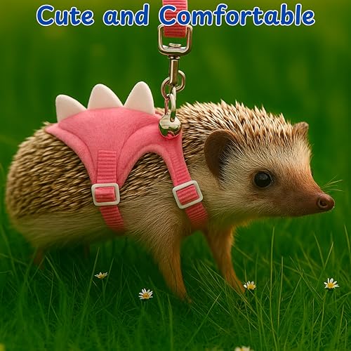 Image of Hedgehog Leash and Harness Clothes Accessories, Adjustable Leash and Harness with Safe Bell, Dinosaur Shaped Outfit, Hamster Clothes For Ferret Hamster, Hedgehog Accessories, Guinea Pig Outfits (Pink)