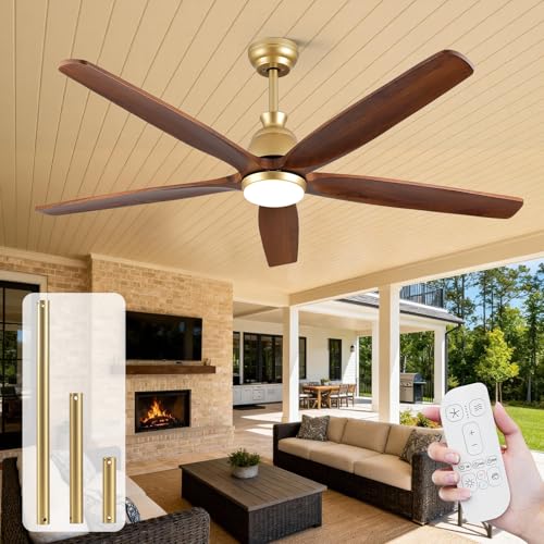 60 Inch Outdoor Ceiling Fan with Lights, Gold Brass Finish, 5 Solid Walnut Wood Blades, High CFM Quiet DC Motor, Modern Farmhouse Ceiling Fans, DampRated for Covered Patio Porch Gazebo Indoor Exterior