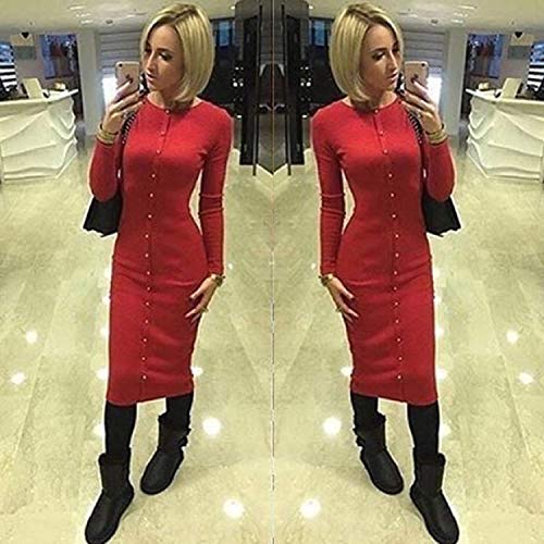 Buy SOLEDI Mid-Calf Women Knit Dresses Party Autumn Winter Package Hip  Sheath Bodycon Dress Casual Solid Buttons Office Dress LX062 Red at  Amazon.in